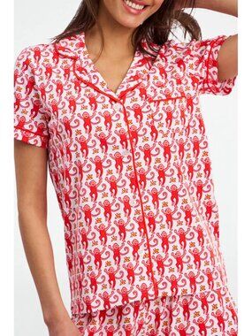ROLLER RABIT Short Sleeve Polo Pajama Top cherry Monkey Sz M